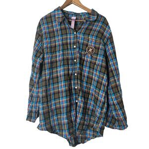 Savage X Fenty Plaid Button Up Sleep Shirt Womens Sz XL Pajamas Tie Sleeve